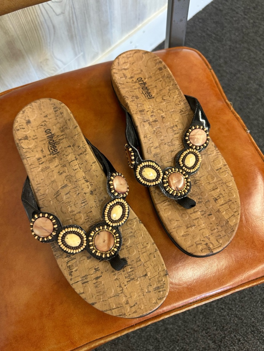 orthaheel Black Beaded Thong Sandals with Tan and Yellow Accents